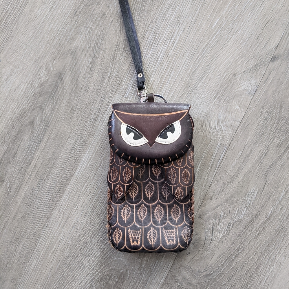 Genuine Leather Owl Wristlet with zippered pocket